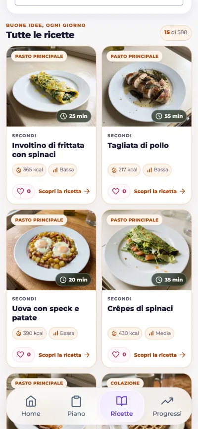 Schermata Ricette dell’app: catalogo con foto, tempi di preparazione e difficoltà
