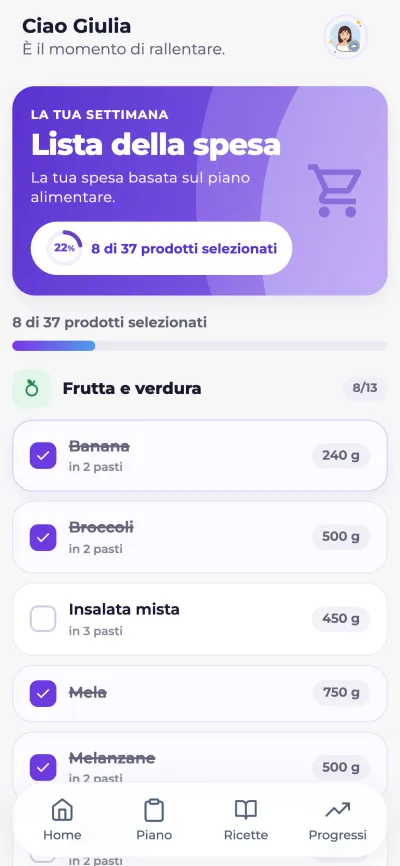 Schermata Lista della spesa dell’app: prodotti divisi per reparto con le quantità della settimana